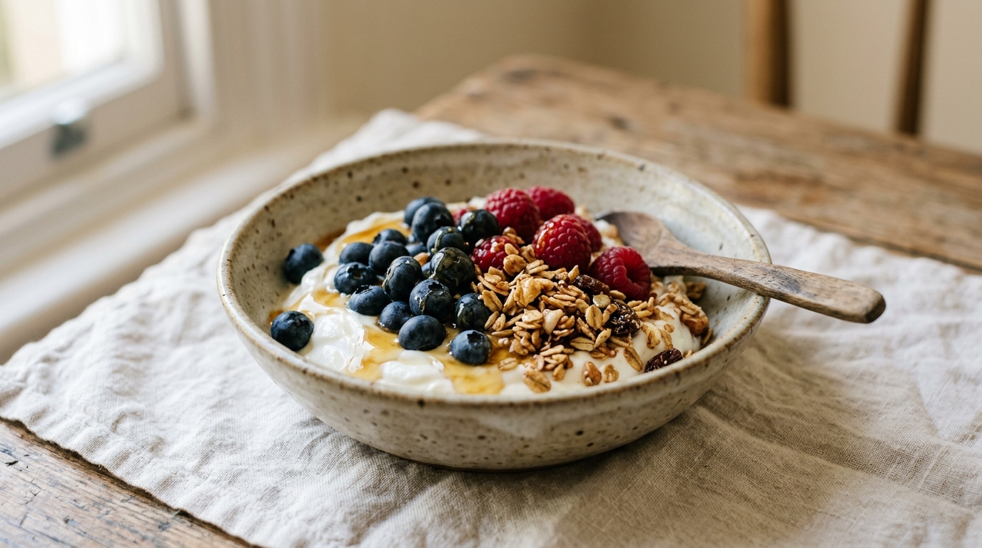 Schale mit Joghurt, gefrorenen Beeren und Hafer am Morgen