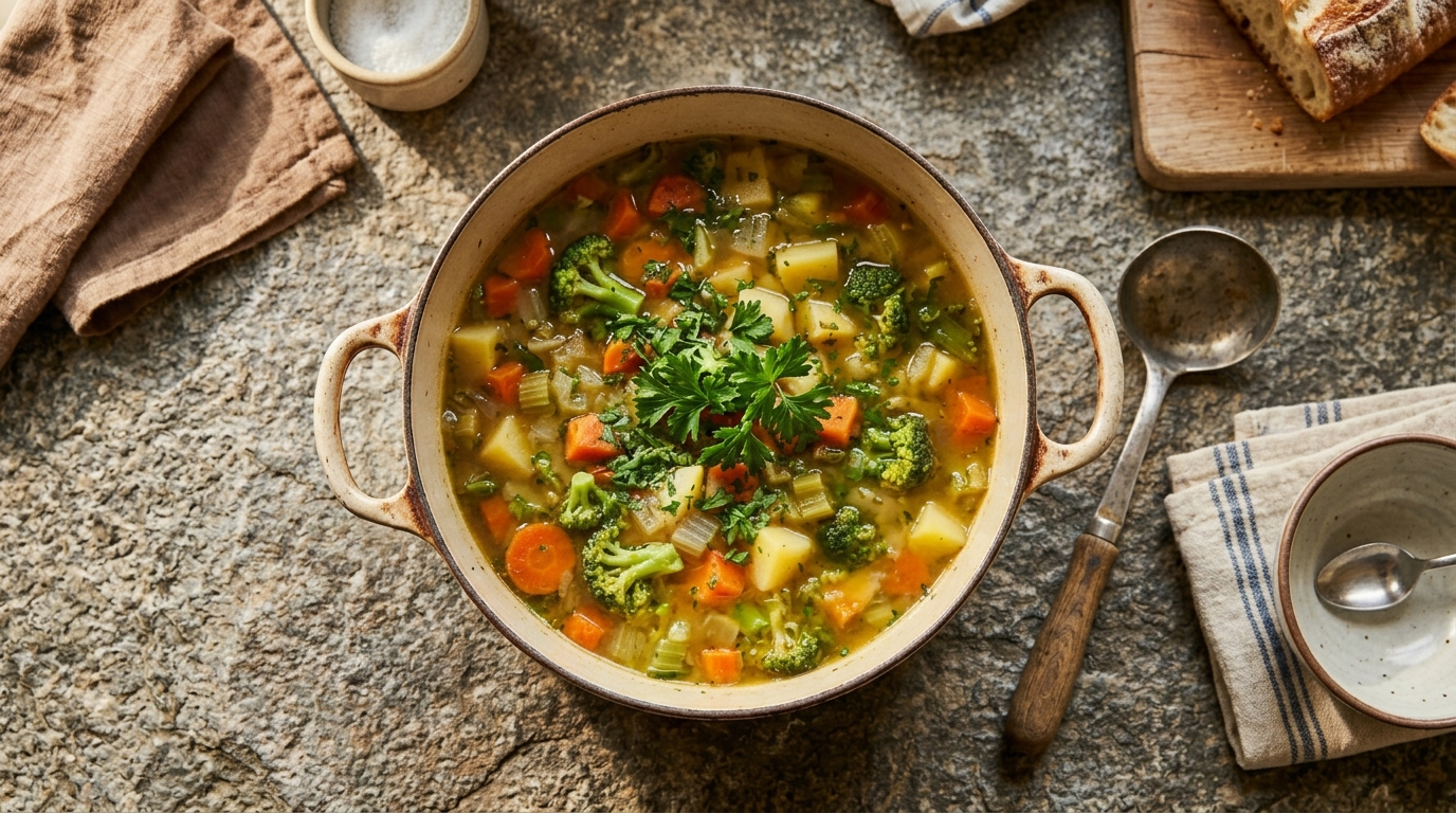Großer Topf mit dampfender Gemüsesuppe und frischen Kräutern