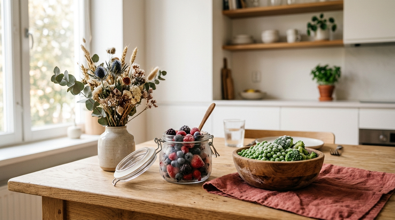 Eine helle Küche mit gefrorenem Gemüse und Beeren auf dem Tisch